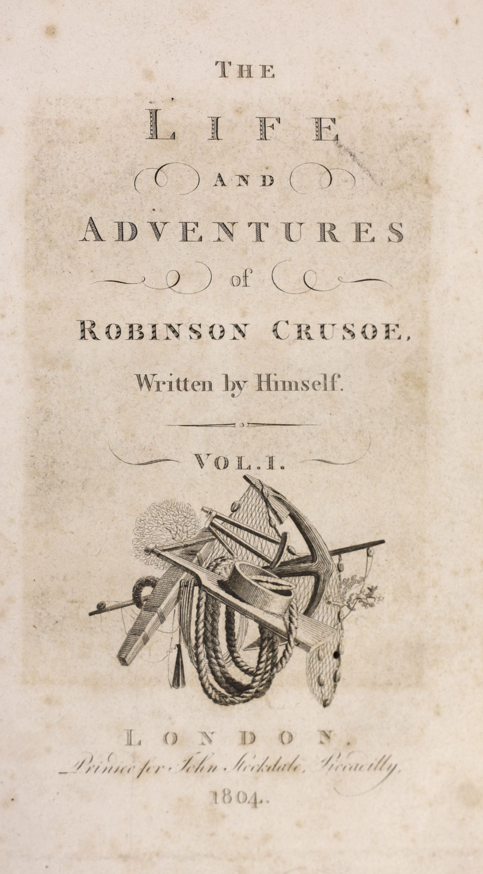 Defoe, Daniel - Robinson Crusoe, illustrated by Medland after Stothard, parts 1 & 2 only in 2 vols, 8vo, half calf, with 2 frontises, 2 engraved titles and 15 plates, occasional spotting throughout, London, 1804